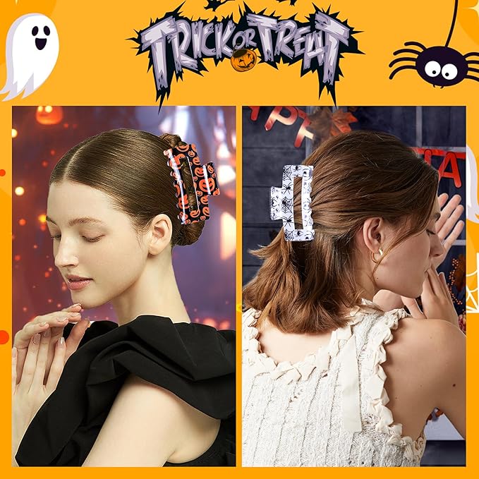 2 Pack Halloween Hair Claw Clips for Women, Pumpkin Spider Square Hair Claws for Thick and Thin Hair Large Claw Clip Hair Accessories for Halloween Costume Party Trick or Treat Deco
