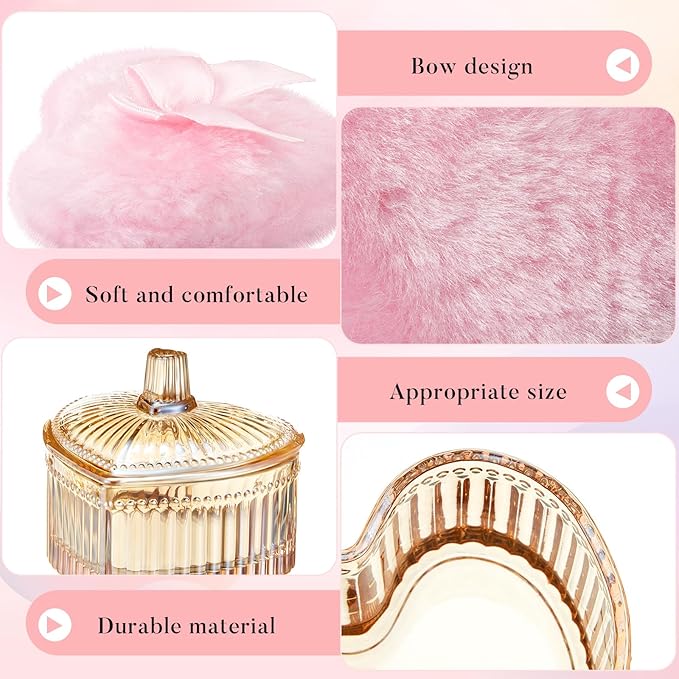 Tioncy 3 Pcs Large Body Powder Puff and Container Powder Container with Puff Crystal Case Soft Washable Reusable Velour Face Body Glitter Wet Dry Makeup(Heart,Amber)