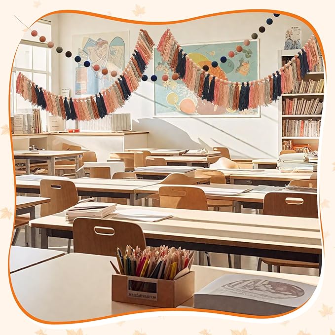 2pcs Longer Fall Tassel Garland, Pom Pom Tassel, Felt Ball Garland, Thanksgiving Wall Hanging Party Decorative Banner Pastel, Home Decoration Wedding Birthday Baby Shower