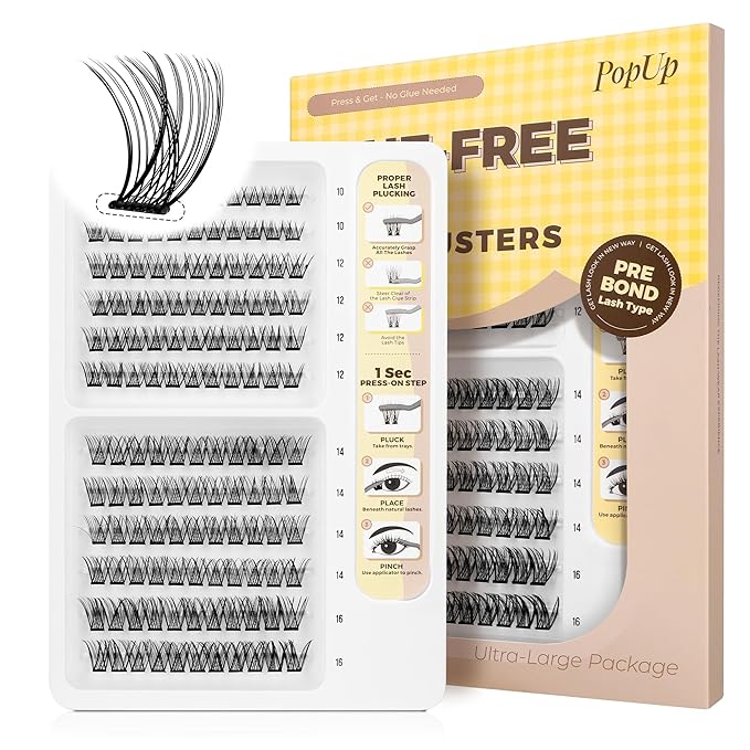 PopUp Self Adhesive Eyelashes Clusters, Press On Lashes Pre Glued Eyelash Extension Kit with Lash Tweezer,10-16mm No Glue No Remover Needed Self Adhesive Lashes Clusters AC58