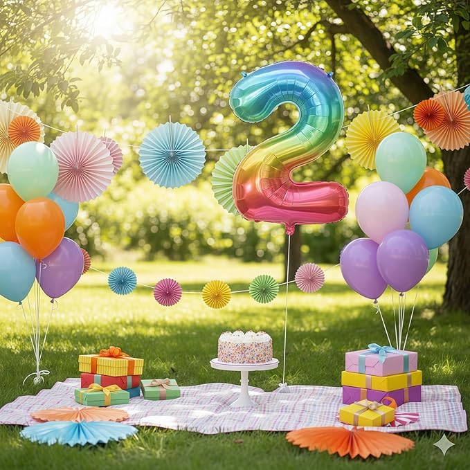 40'' 2 Balloon Number, Large Rainbow Foil Number 2 Balloons Birthday Party Decor, Mylar Self Inflating Multicolor Colorful Jelly Two Balloon for Girls 2nd Birthday Baby Shower Anniversary Decorations