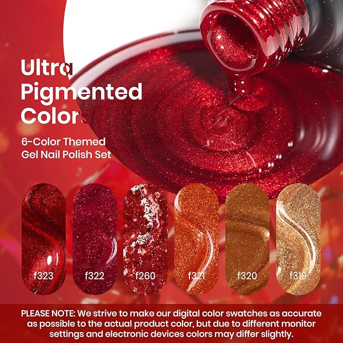 beetles Glitter Gel Polish Set, Passion Rush Collection Christmas Gel Nails, Red Orange Gold Gel Polish Shimmer Nails Art Soak off Uv LED Manicure Gift Set Nail Trend Gift for Women