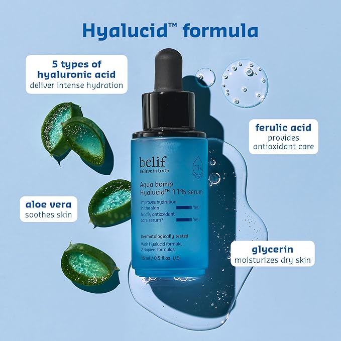 belif Aqua Bomb Hyalucid™ 11% Plumping Serum – Deep Hydration with 5 Types of Hyaluronic Acid, Aloe Vera & Moisture-Binders, Lightweight Skin Booster, Korean Skincare (0.5 fl.oz.)