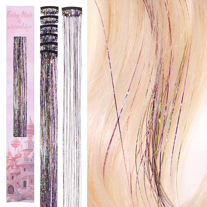 WENNALIFE Hair Tinsel Clip In Hair Tinsel for Girls Rainbow, 6pcs 24 inch Colorful Glitter Sparkle Fairy Hair Accessories for Kids