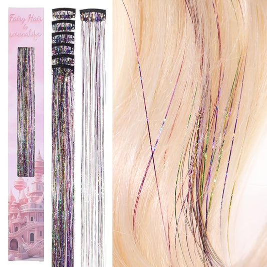 WENNALIFE Hair Tinsel Clip In for Girls Rainbow, 6pcs 24 inch Colorful Glitter Sparkle Fairy Hair Accessories for Kids Clip in Colorful Glitter Tinsel Hair