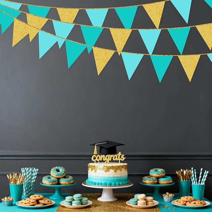 Teal Aqua Blue and Gold Party Decorations Pennant Banner Flag Hanging Glitter Paper Triangle Bunting for Baby Shower Birthday Graduation Bridal Shower Wedding Engagement Turquoise Party Decor Supplies