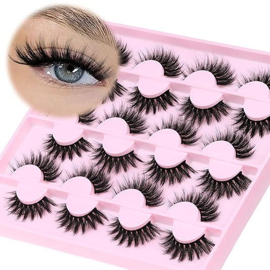 Veleasha Lashes Fluffy Eyelashes 12 Pairs C Curl False Eyelashes Natural Look Wispy Cat Eye Fake Lashes (Dopamine Pink)