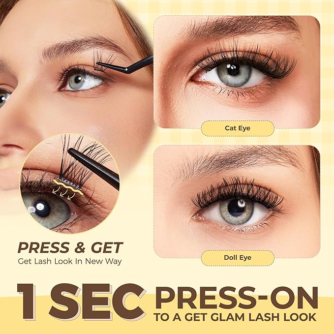 PopUp Self Adhesive Eyelashes Clusters, Press On Lashes Pre Glued Eyelash Extension Kit with Lash Tweezer,10-16mm No Glue No Remover Needed Self Adhesive Lashes Clusters AC01-X