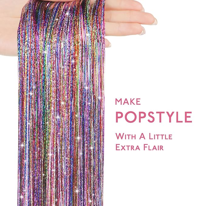 WENNALIFE Hair Tinsel for Girls, Rainbow Fairy Kit 1200 Strands 6PCS 48 Inch Heat Resistant Glitter Tinsel Hair Extensions Kit Christmas Feathers Sparkle Strands