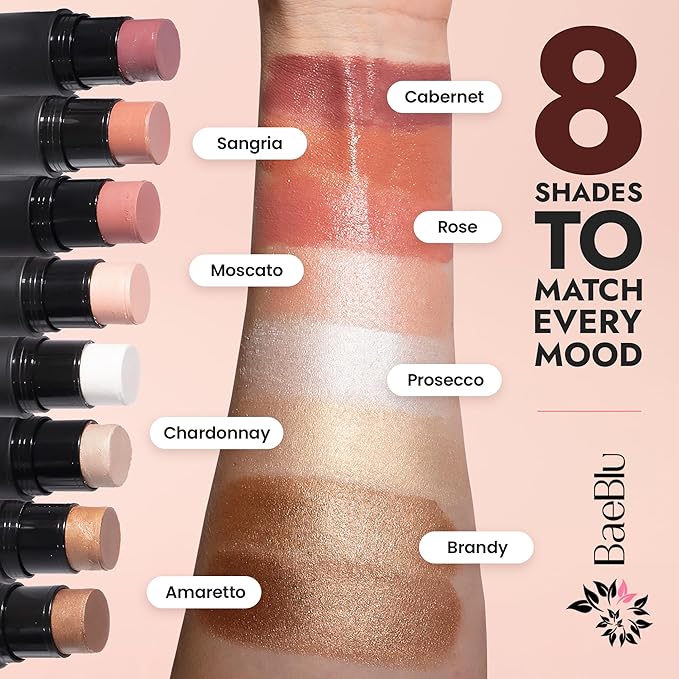 BaeBlu - Organic Blush Tube, Prosecco - 100% Natural Vegan Cream Blush Sticks, Multi-Use Bronzer, & Highlighter for Lips, Cheeks & Eyes, Buildable Shimmer, Gluten-Free, Paraben-Free, Made in USA