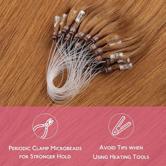 WENNALIFE Microlink Hair Extensions Human Hair, 50g 50s 24 Inch Auburn Ginger Remy Hair Microbead Micro Link Microloop Microring Invisible Straight Natural Fusion Installation