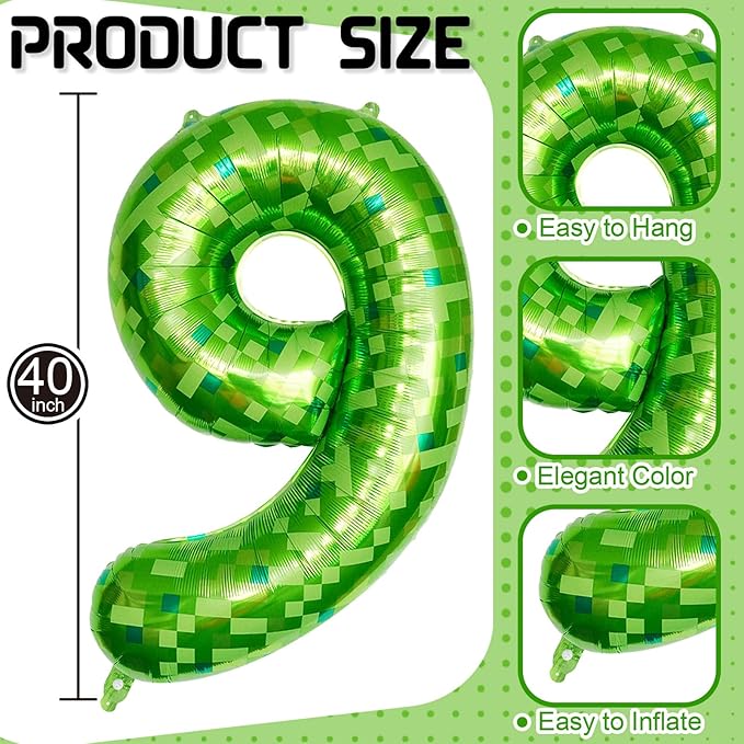 9th Birthday Balloons for Boys, Large Lime Green Pixel Number 9 Balloon, 40 Inch Dark Kelly Green Foil 9 Balloon Number for Kids 9 Year Old Birthday Video Game Forest Patrick's Day Party Decorations