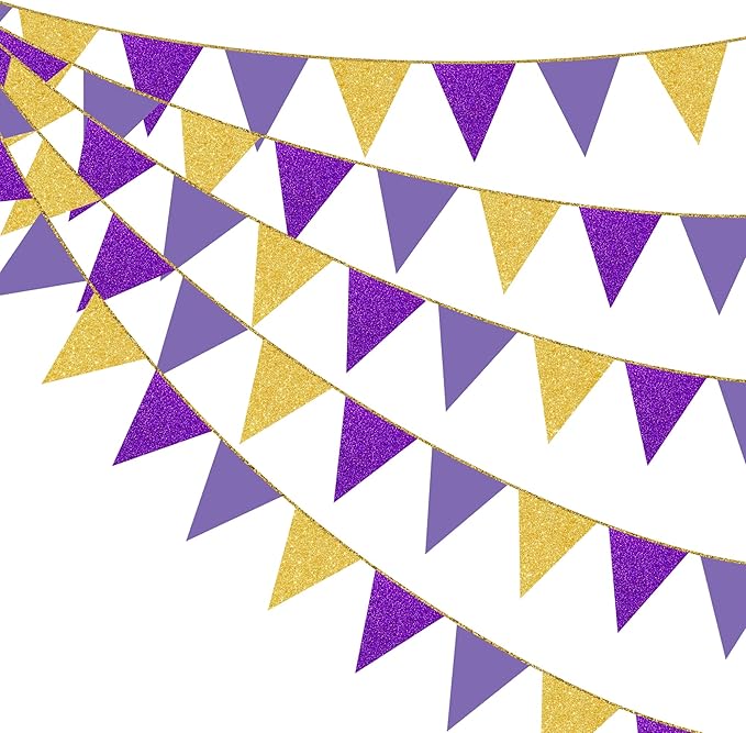 30Ft Purple Gold Party Decoration Pennant Banner Flag Hanging Glitter Paper Triangle Bunting for Baby Shower Birthday Bridal Shower Wedding Bachelorette Engagement Lavender Lilac Violet Party Supplies