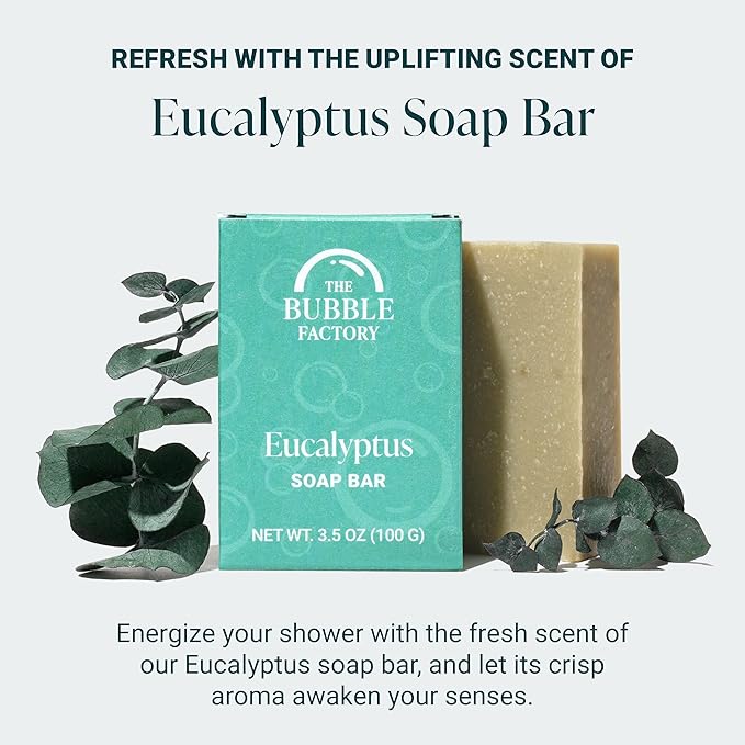The Bubble Factory Handmade Soap, All Natural Soap for Women & Men, Hand, Bath & Body Natural Bar Soap, Vegan, Palm Oil Free, Made in USA with Shea Butter + Essential Oils, Eucalyptus, Single