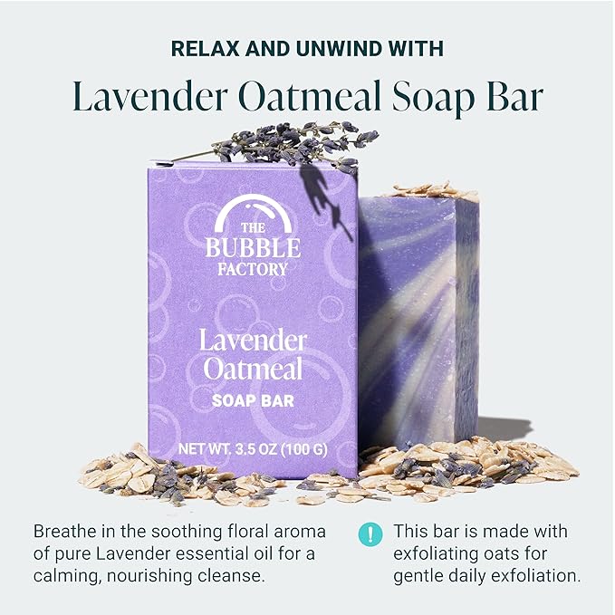 The Bubble Factory Handmade Natural Bath & Body Soap Bar, Vegan, All-Natural, Palm Oil Free, Made in USA with Shea Butter + Essential Oils, Lavender Oatmeal, 3 Bars
