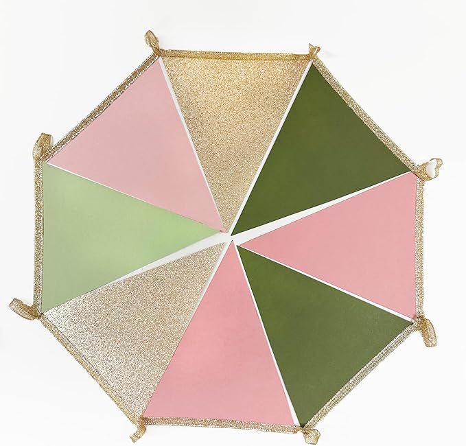 Sage Green Dusty Rose Pink Champagne Gold Pennant Banner Flag Hanging Glitter Paper Triangle Bunting for Girls Wild One Jungle Safari Woodland Themed Birthday Baby Shower Wedding Party Decorations