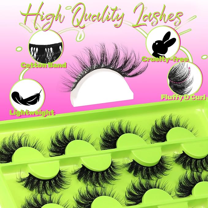 Veleasha Lashes False Eyelashes Fluffy D Curl Lashes 12 Pairs Cat Eye 5D Luxurious Volume Fake Eyelashes (Dopamine Green)