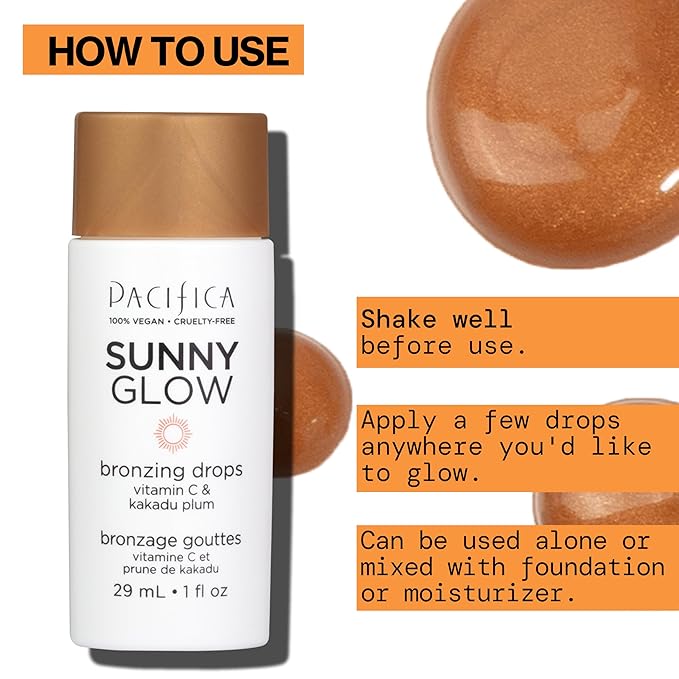 Pacifica Sunny Glow Liquid Face Bronzer Drops - Face Makeup Bronzing For Face & Cheeks for Instant Sun-Kissed Glow - Vitamin C & Glycolic Acid Infused Liquid Bronzer Illuminating Highlighting Clean