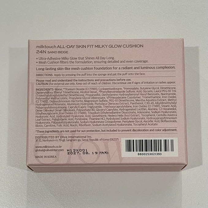 milktouch Cushion Foundation, 24H Flawless Skin, Radiant Shine, No Oxidation, Long-Lasting, Non-Creasing, 60% Hydrating Skincare Infused Korean Foundation, Valentines Gifts (24N Sand Beige)