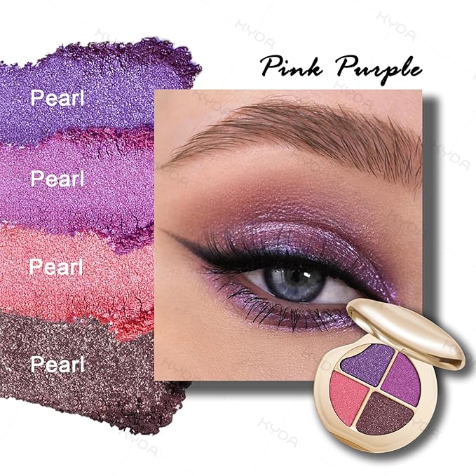 KYDA 4 Colors Eyeshadow Palette, Plum Matte Eyeshadow, Pearl Metallic Glitter Makeup Palette, High Pigment Pressed Powder Eye Makeup for Old Women, Lasting Blendable Pink Eyes Shadow, Pink Purple
