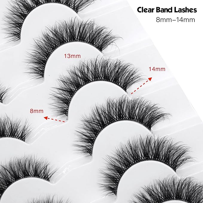 3D Clear Band Lashes 14mm Natural Soft Faux Mink Lashes C/D Curl Cat Eye Wispy Fake Eyelashes Short Cross Reusable False EyeLashes 7 Pairs (No.200)