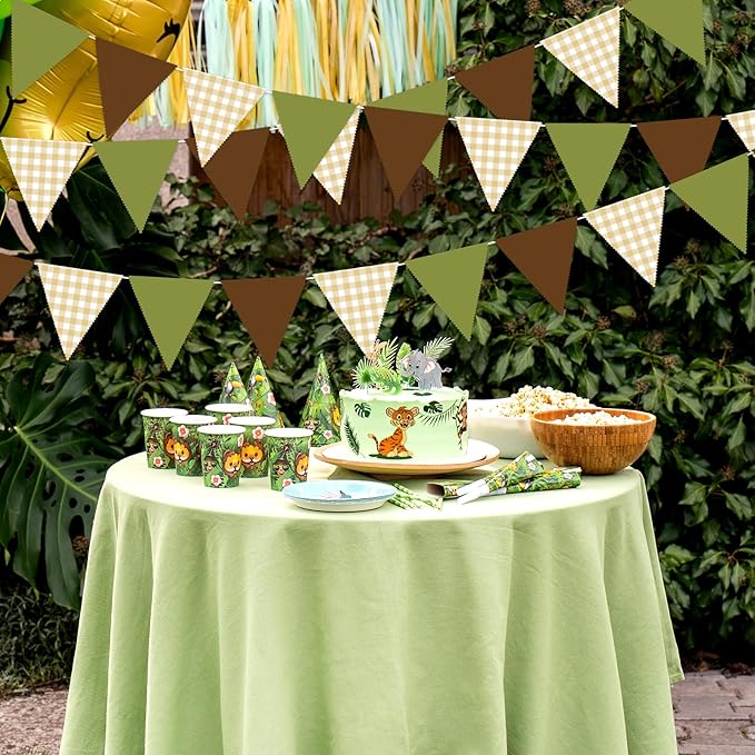 33 Ft Forest Party Hanging Banner Decoration Green Pennant Plaid Triangle Flag Fabric Bunting Garland for Birthday Wedding Baby Shower Party Supplies