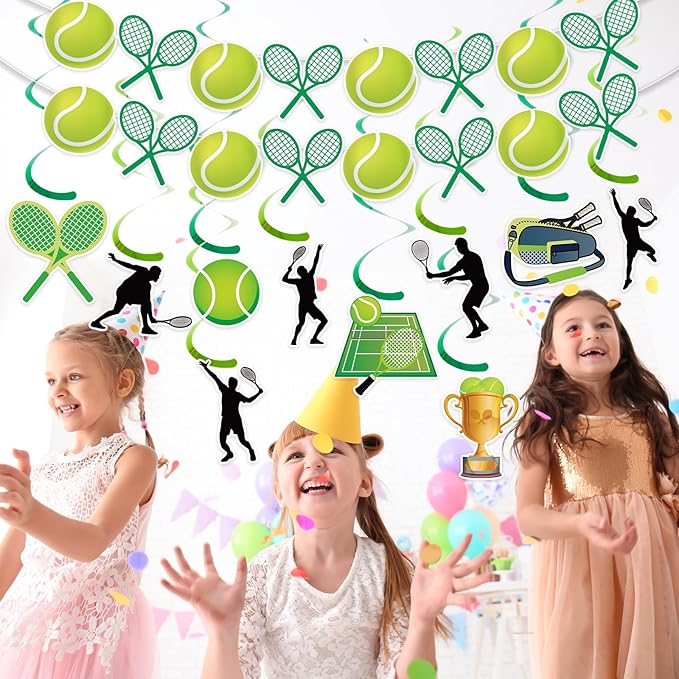 Tennis Party Decorations Green Yellow Tennis Ball Banner with Foil Swirl Hanging Garland Spiral Streamer for Sports Celebrations Team Gatherings Birthday Party Decor Supplies