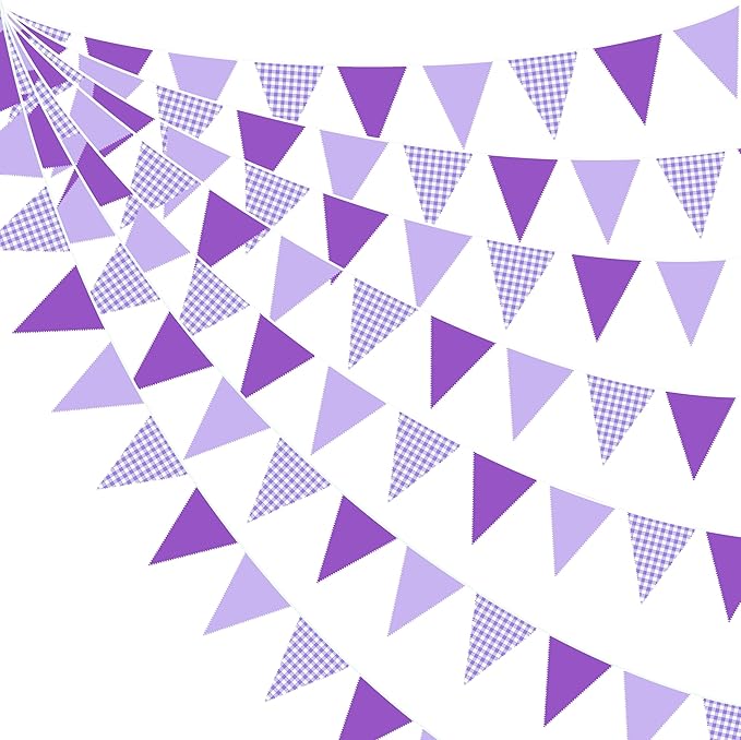 32Ft Purple Party Decorations Purple Gingham Triangle Flag Plaid Checkered Pennant Banner Fabric Garland Streamers for Lavender Mermaid Birthday Baby Shower Picnic BBQ Outdoor Tea Party Decor Supplies