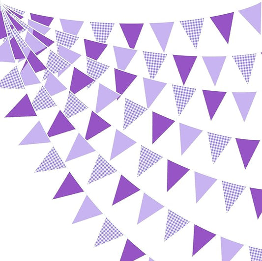 32Ft Purple Party Decorations Purple Gingham Triangle Flag Plaid Checkered Pennant Banner Fabric Garland Streamers for Lavender Mermaid Birthday Baby Shower Picnic BBQ Outdoor Tea Party Decor Supplies