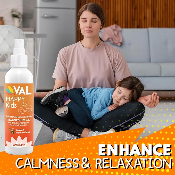 VAL Kids Magnesium Oil Spray – Natural Bedtime Calm & Mood Support | Zechstein Magnesium, Chamomile & Aloe | No Itch | Fast-Absorbing | Made in USA | 4oz