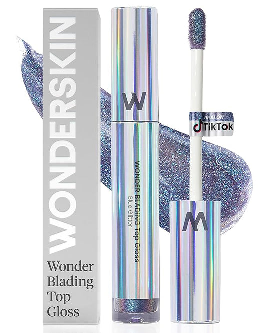 Wonderskin Lip Gloss Blading Top Gloss, Hydrating and High Shine Finish Lip Makeup (Blue Glitter)