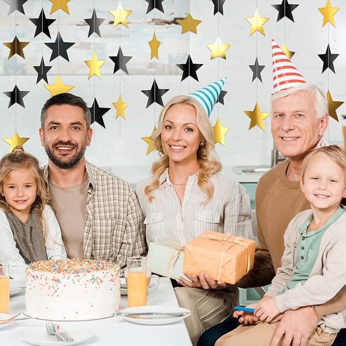 Patelai Glitter Star Garland Banner New Years Decor 130 Feet Star Hanging Banner Twinkle Backdrop for Birthday Classroom Wedding Halloween Christmas Party Supplies(Black, Gold)