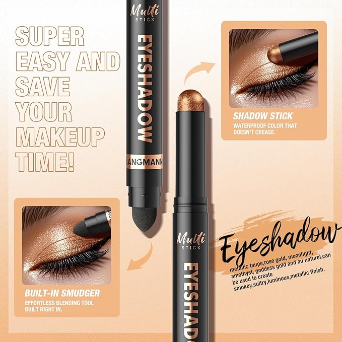 LANGMANNI 8Colors Dual-Ended Eyeshadow Stick Set – Silky Smooth, Waterproof & Transfer-Proof, Built-in Blender Brush, All-Day Matte & Shimmer Wear Eye Makeup(#B)