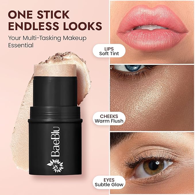 BaeBlu - Organic Blush Tube, Chardonnay - 100% Natural Vegan Cream Blush Sticks, Multi-Use Bronzer, & Highlighter for Lips, Cheeks & Eyes, Buildable Shimmer, Gluten-Free, Paraben-Free, Made in USA