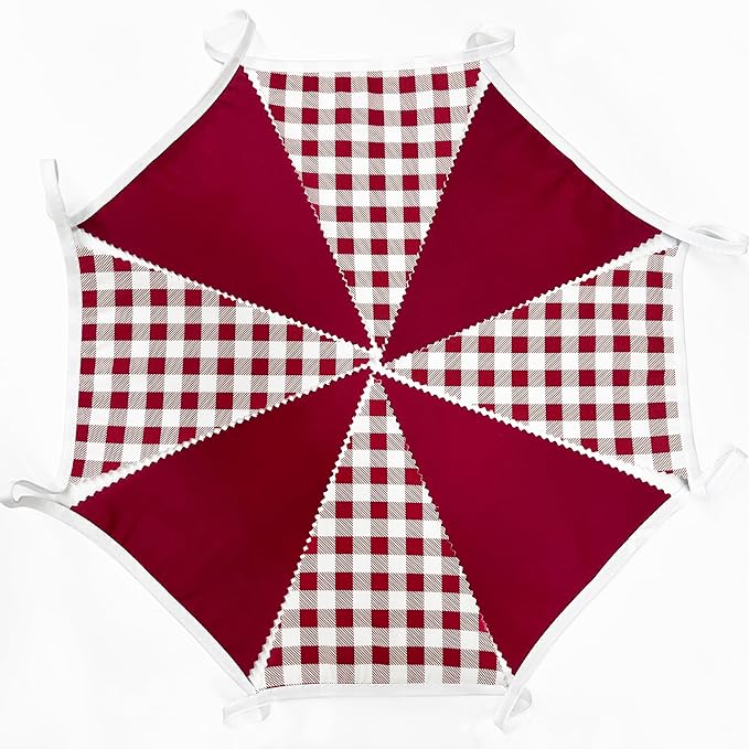 32Ft Burgundy Party Decorations Burgundy Gingham Plaid Checkered Triangle Flag Pennant Fabric Garland Streamers for Graduation Wedding Birthday Baby Shower Picnic Outdoor Home Party Decorations