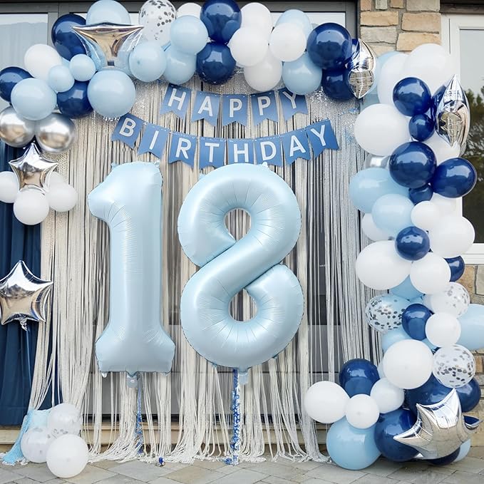 40 Inch 18 Balloon Number, Large Pastel Baby Matte Blue Foil Number 18 Balloons Birthday Party Decor, Light Sky Blue Helium Mylar Self Inflating Balloon for Men 18th Birthday Anniversary Decorations