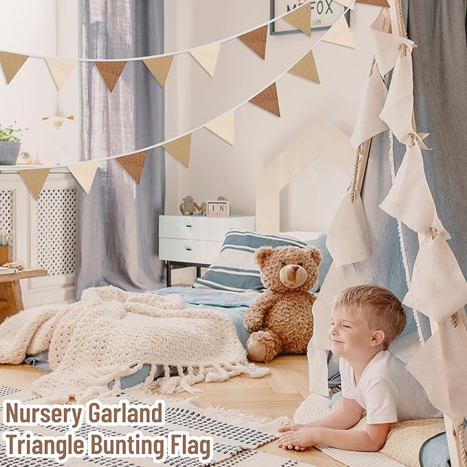 2PCS Pennant Banner Flags, Fabric Bunting Banner Nursery Garland Decor, Baby Shower Garland, Triangle Flags for Baby Boy Room, Playroom, Boho Birthday Party Decor, Each 7.75 ft (Brown White)