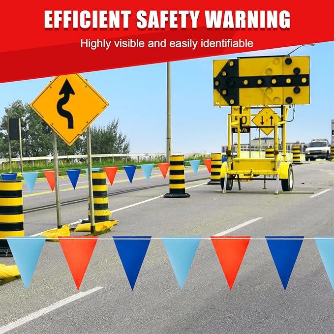 Safety Warning Pennant Banner Flags – Multipurpose OSHA High Visibility Colored Triangle Flags for Roadwork, Party and Hazard Areas(Dark/Light Blue+Orange,45pcs,105FT)