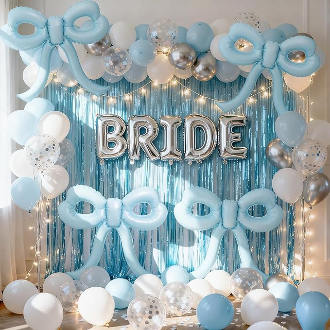 4 Pcs Baby Blue Bow Balloons Bow Birthday Party Decorations for Girl Women Bow Decor Blue Birthday Decorations Giant Dusty Blue Balloons for Baby Shower Bridal Bachelorette Party Supplies