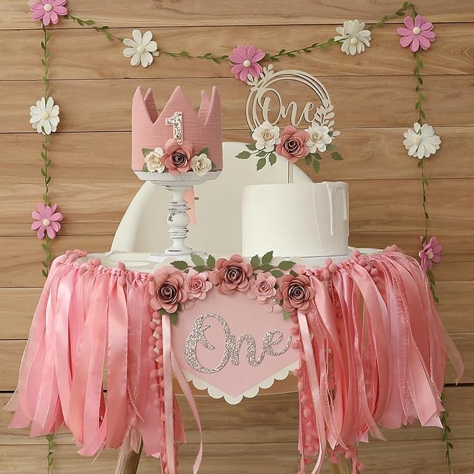 Wildflower 1st High Chair Banner Birthday Decorations For Girl Flower Cake Topper Hat Floral Theme Party Decoration