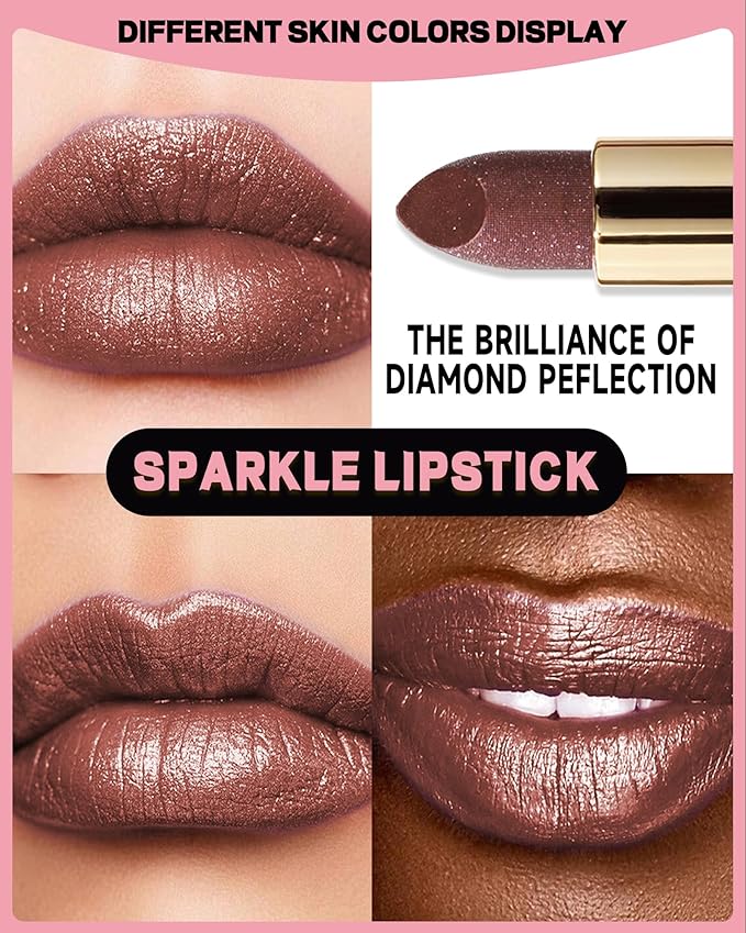 Glitter Metallic Brown Shimmer Lipstick Long Lasting, Glitter Diamond Shine Nude Red Lipstick Transfer Proof Non-Stick Lip Gloss Shimmer Highly Pigmented Full Coverage Lip Makeup for Women-08