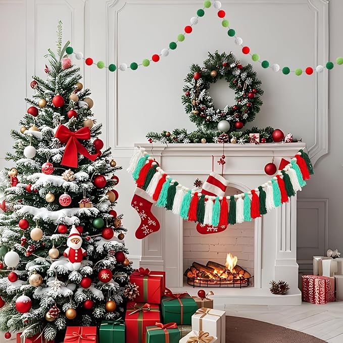 2 Pcs Boho Tassel Christmas Garland, Pom Pom Tassel, 6.5 Feet Long 20 Felt Balls, Christmas Colorful Wall Hanging Party Decorative Banner, Home Decoration Birthday Baby Shower