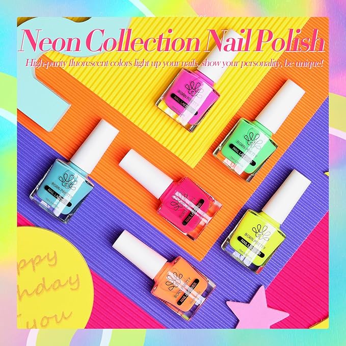 Born Pretty Neon Nail Polish Set, 6 Colors Halloween Quick Dry Nail Polish Hot Pink Orange Yellow Green Blue Purple Fingernail Polish 10ml 0.34oz Fluorescent Glossy Nail Lacquer Polish Set