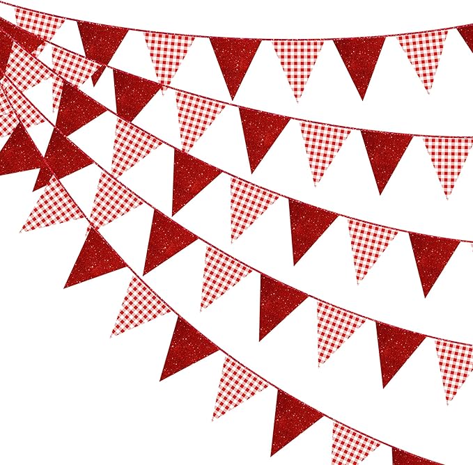 Red Buffalo Plaid Party Decorations Pennant Banner Flag Hanging Red Glitter Paper Triangle Bunting for Birthday Anniversary Baby Shower Wedding Bridal Shower Christmas Holiday Party Decor Supplies