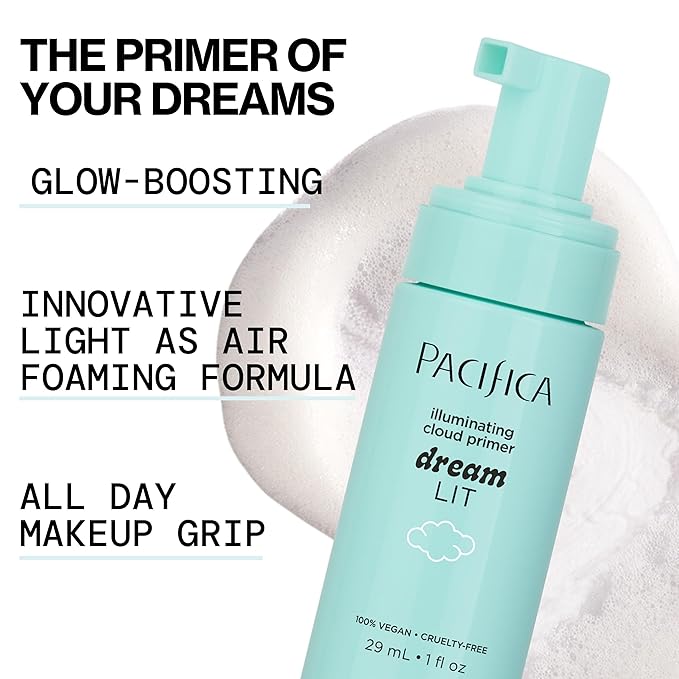 Pacifica Dreamlit Illuminating Foaming Primer with Vitamin C & Hyaluronic Acid – Hydrating Brightening Face Makeup Base for Glowing, Long-Lasting Foundation Wear – 1 fl oz Clean Beauty Vegan Formula