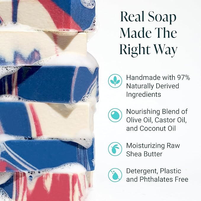The Bubble Factory Handmade Soap, All Natural Soap for Women & Men, Hand, Bath & Body Natural Bar Soap, Vegan, Palm Oil Free, Made in USA with Shea Butter + Essential Oils, Patriot, Single