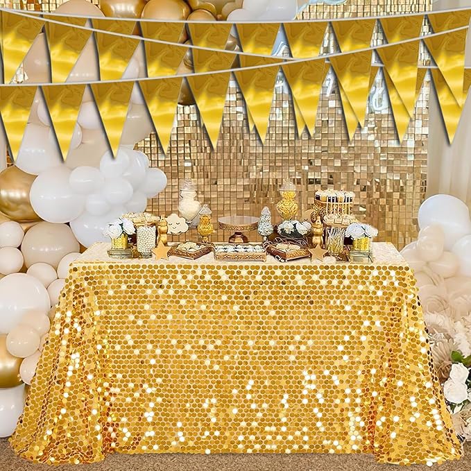 20M/65FT Gold Triangle Pennant Banner Flag Metallic Fabric Bunting Garland for Christmas Graduation Wedding Engagement Anniversary Bachelorette Birthday Bridal Shower Valentines Hen Party Supplies