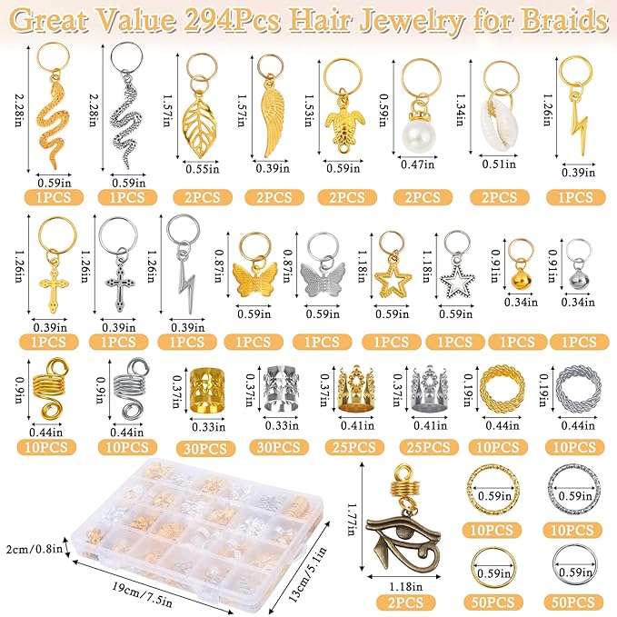294Pcs Hair Jewelry for Braids Loc Jewelry for Hair Dreadlocks, Braid Accessories for Women Men, Gold Braid Accessories with Cuffs Charms Pendants