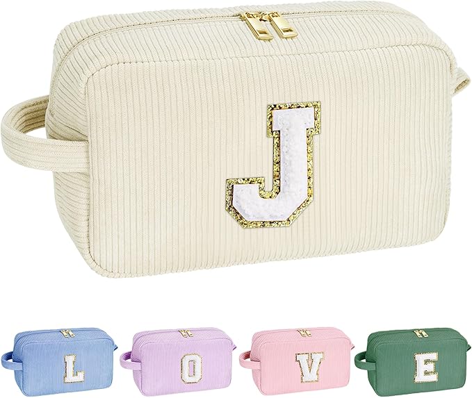 YOOLIFE Teen Girl Gifts Trendy Stuff - Travel Makeup Bag Makeup Bags for Women Cosmetic Bag with Brush Pouch Cute Makeup Bag Personalized Sister Daughter Girlfriend Gifts for Women Her White Letter J