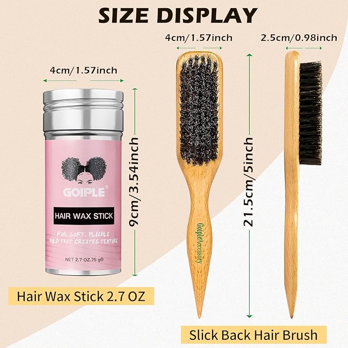 Slick Back Hair Brush & Wax Stick Set for Slick Back Hair – Teasing Boar Bristle Hair Brush for Sleek, Control, Flyaways & Baby Hairs – Wax Stick for Women Sectioning & Smoothing Ponytail Bun